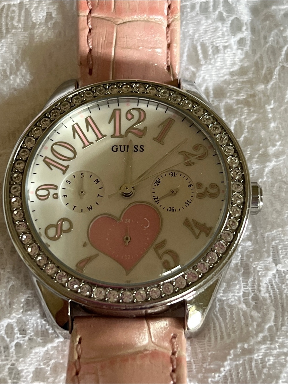 GUESS Pink Crystal-Trim Heart Dial Women’s Watch